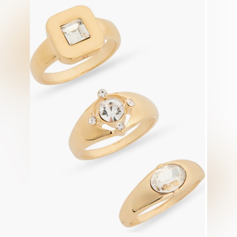 Nordstrom Gold Tone 3 Signet Ring Trio with Crystal Details Sizes 7, 8 or 9 NWT